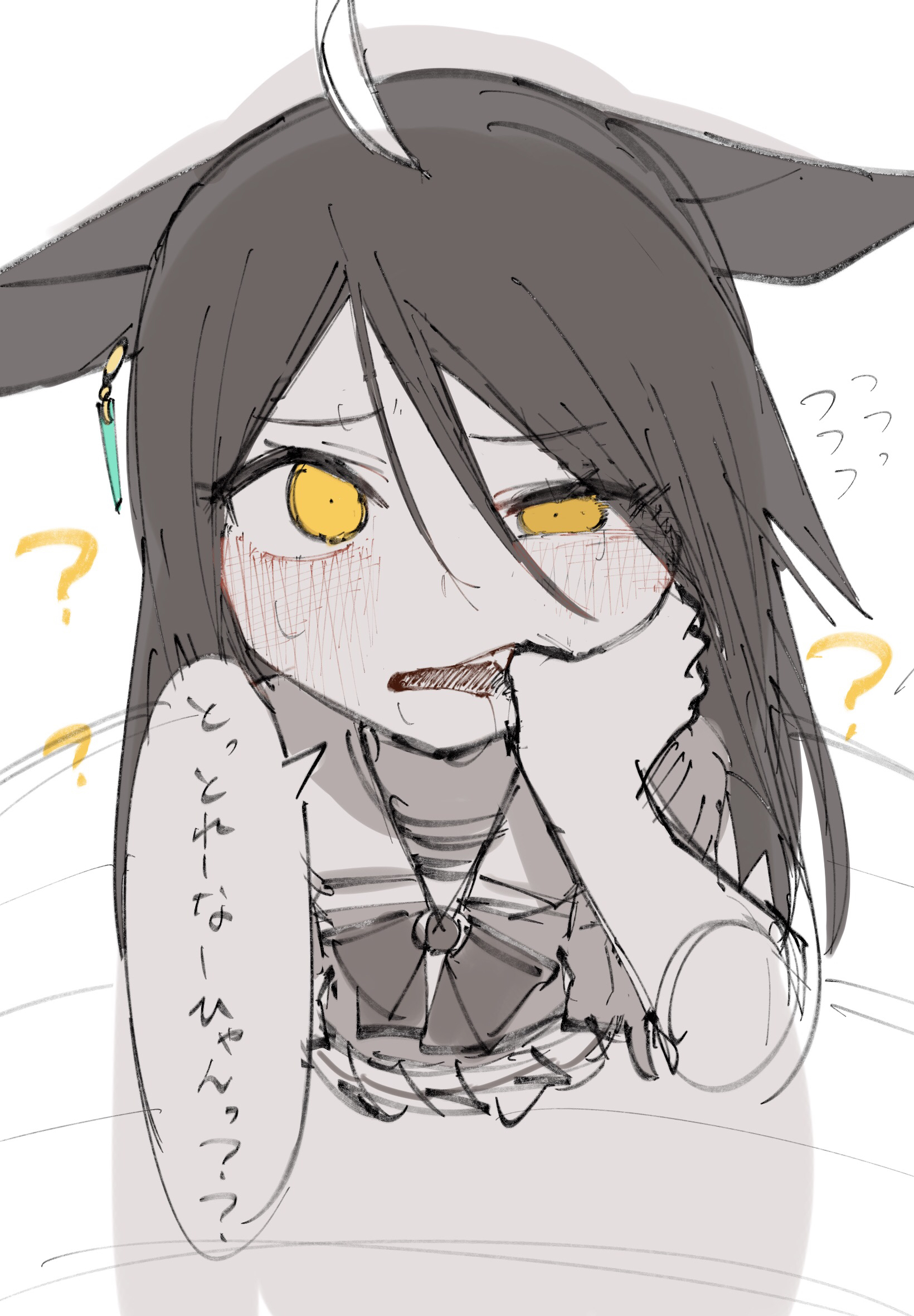 luca (luca 0520), manhattan cafe (umamusume), umamusume, commentary request, highres, translation request, 1girl, ?, ahoge, animal ears, black eyeliner, black hair, ear tag, eyelashes, eyeliner, fang, flying sweatdrops, hair between eyes, hand in another's mouth, horse ears, horse girl, long bangs, long hair, looking at viewer, makeup, mouth pull, open mouth, saliva, school uniform, scowl, tracen school uniform, yellow eyes