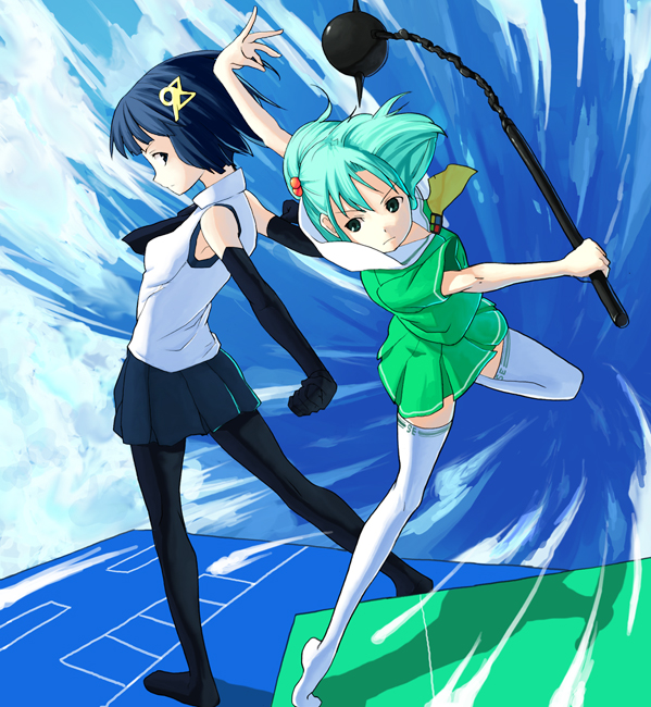 b-ginga, 98-tan, 98se-tan, os-tan, looking away, white legwear, 2girls, ascot, black gloves, black hair, black thighhighs, bob cut, elbow gloves, fighting stance, flail, gloves, green hair, hair bobbles, hair ornament, hairclip, looking at another, miniskirt, motion lines, multiple girls, no shoes, pantyhose, profile, school uniform, serafuku, serious, shirt, short hair, short sleeves, skirt, sleeveless, sleeveless shirt, speed lines, standing, standing on one leg, thighhighs, twintails, weapon, zettai ryouiki