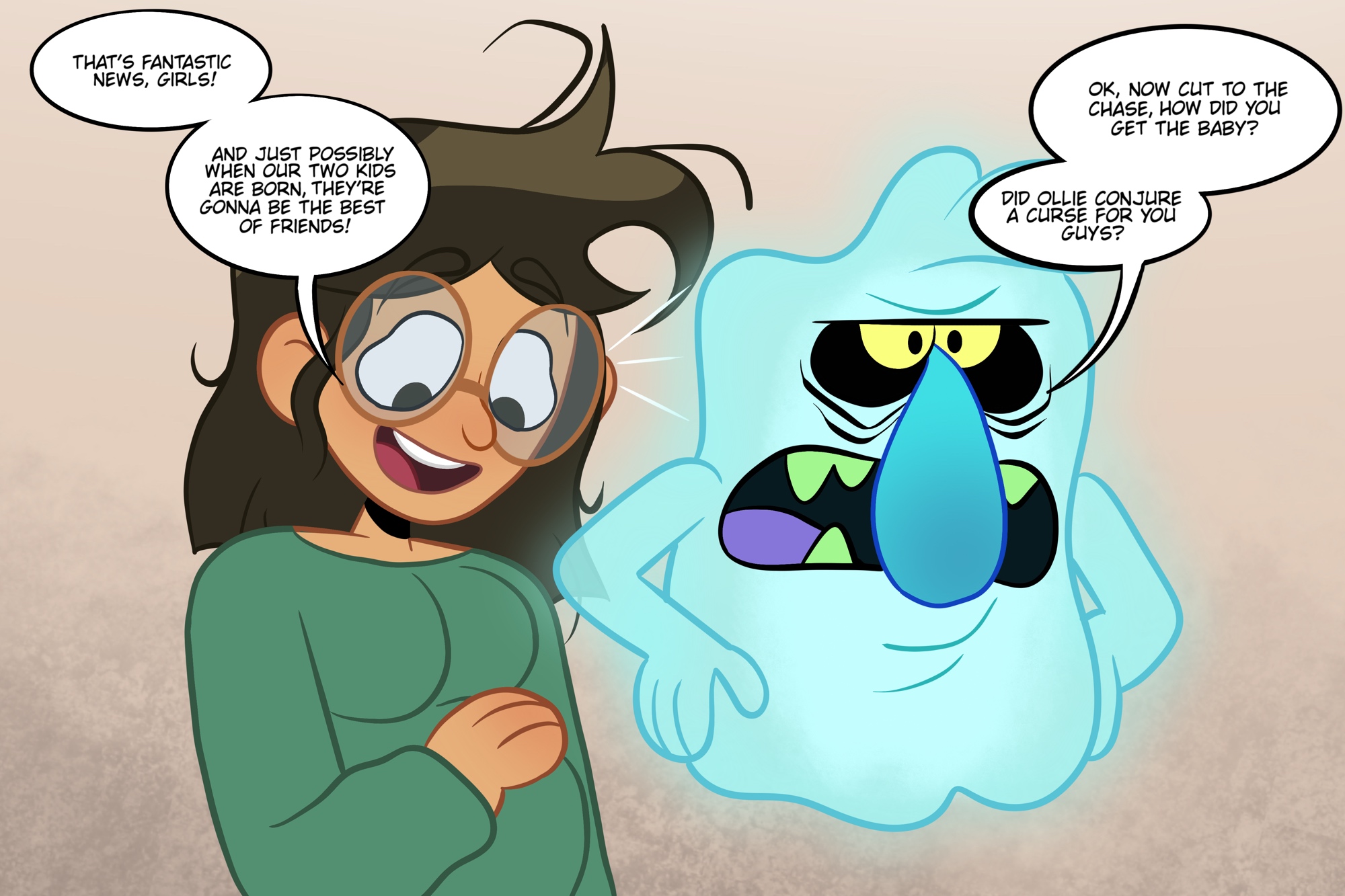 joseartcentenoofficial, libby stein-torres, the ghost and molly mcgee, highres, 1boy, 1girl, belly, big belly, breasts, english text, ghost, glasses, hand on own stomach, hands on own hips, open mouth, pregnant, round eyewear, speech bubble, stomach, teeth, tongue, toon (style)