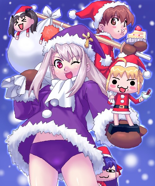 zen, artoria pendragon (fate), fujimura taiga, illyasviel von einzbern, matou sakura, saber (fate), tohsaka rin, fate/stay night, fate (series), 00s, 5girls, :3, ;d, alternate costume, blonde hair, buruma, cake, christmas, food, gym uniform, hat, mittens, multiple girls, oekaki, one eye closed, open mouth, pastry, purple buruma, purple hat, sack, santa costume, santa hat, smile