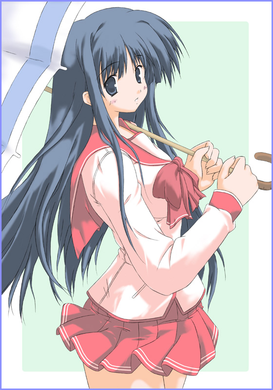 sae-honpo, kusakabe yuuki (to heart 2), to heart (series), to heart 2, 00s, 1girl, :o, black eyes, black hair, blue border, blush, border, bow, female focus, from side, green background, holding, holding umbrella, long hair, long sleeves, looking at viewer, outside border, parted lips, pleated skirt, red bow, sailor collar, school uniform, serafuku, sidelocks, simple background, skirt, solo, standing, striped clothes, striped skirt, umbrella, very long hair