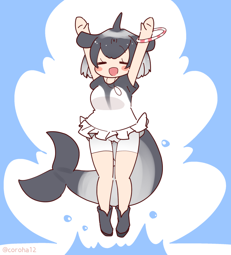coroha, commerson's dolphin (kemono friends), kemono friends, kemono friends 3, 1girl, arms up, black hair, blue background, bracelet, cetacean tail, dolphin girl, fins, fish tail, full body, head fins, jewelry, jumping, necklace, shirt, shoes, short hair, shorts, simple background, skirt, solo, t-shirt, tail