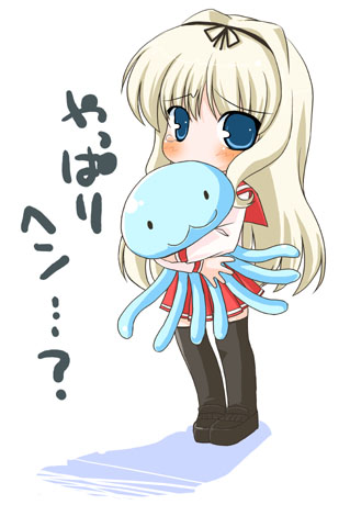 mitsuyuki yuzuna, kusugawa sasara, to heart (series), to heart 2, lowres, 00s, 1girl, :3, black thighhighs, blonde hair, blue eyes, blush, chibi, chibi only, doll, embarrassed, female focus, hairband, hug, hugging doll, hugging object, loafers, long hair, long sleeves, octopus, pleated skirt, school uniform, serafuku, shadow, shoes, skirt, solo, standing, stuffed animal, stuffed octopus, stuffed toy, tears, thighhighs, very long hair, zettai ryouiki