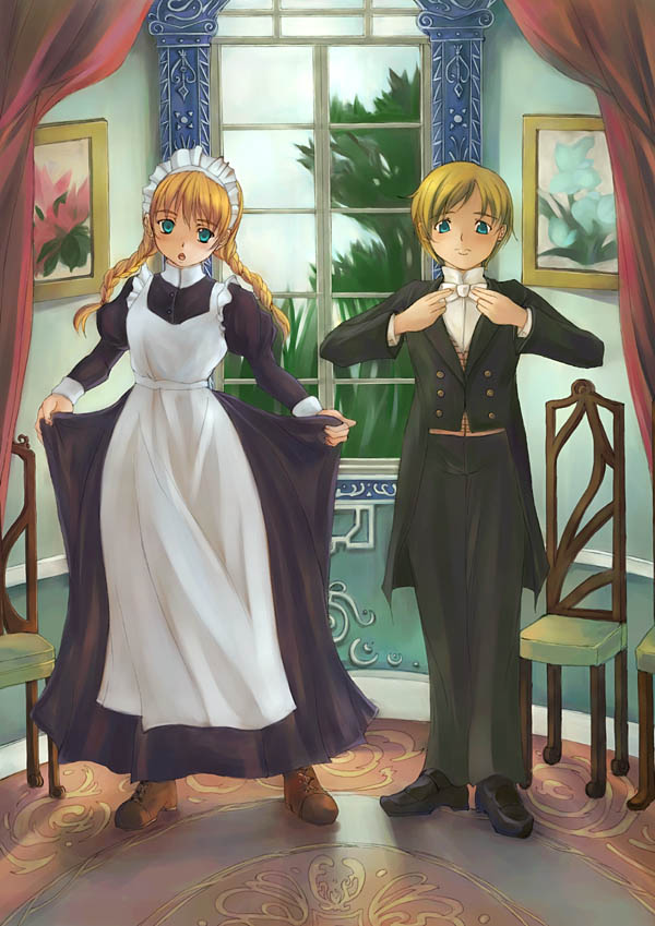 genshi, servant, original, interior, 1boy, 1girl, adjusting clothes, apron, aqua eyes, blonde hair, bow, bowtie, braid, chair, clothes lift, curtains, expressionless, formal clothes, indoors, long hair, looking at viewer, maid, maid apron, maid headdress, open mouth, pants, photo (object), room, short hair, skirt, skirt hold, skirt lift, suit, tuxedo, twin braids, window