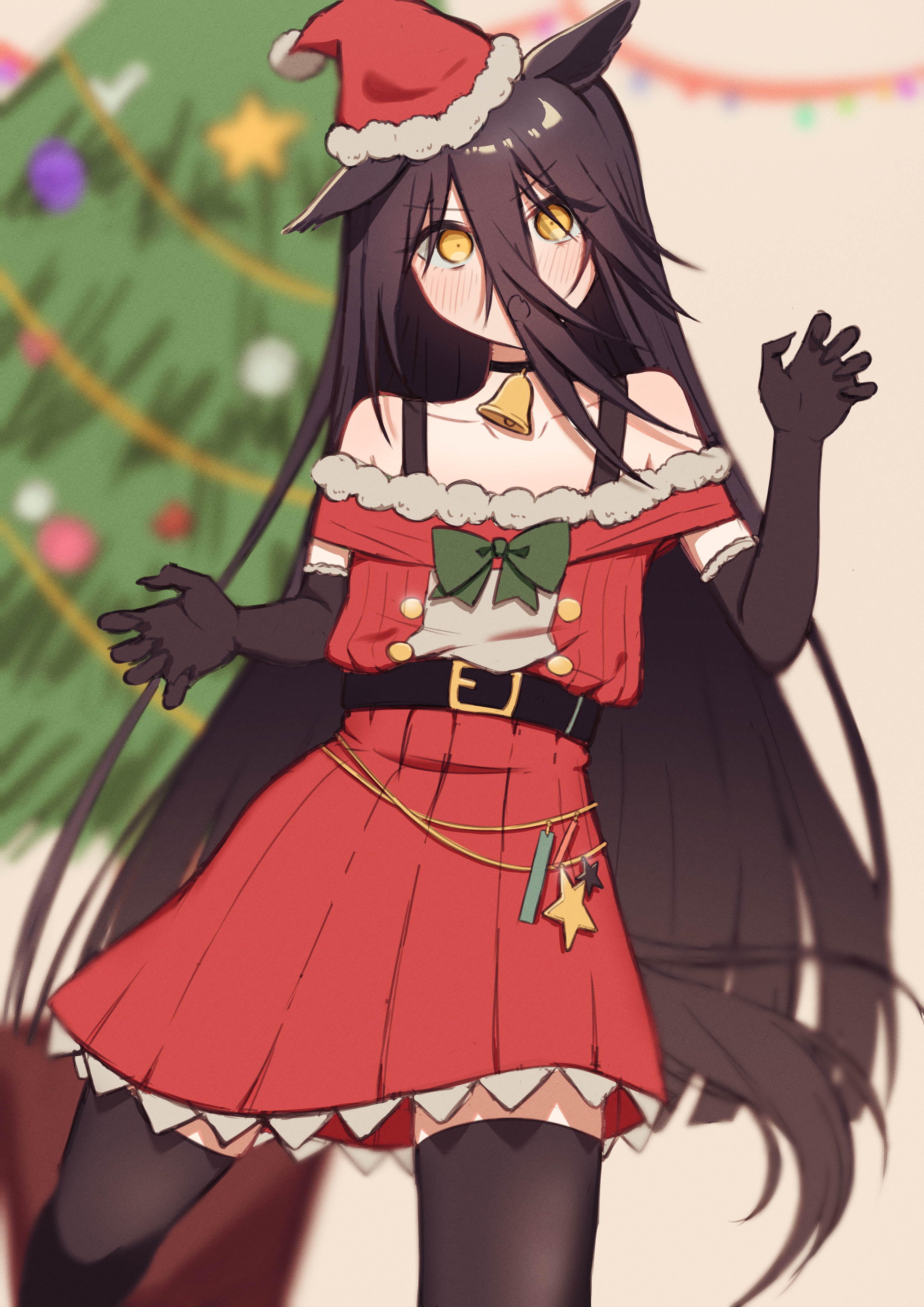 luca (luca 0520), manhattan cafe (umamusume), umamusume, absurdres, highres, 1girl, :o, ahoge, alternate costume, animal ears, bare shoulders, bell, belt, black belt, black choker, black gloves, black hair, black thighhighs, blush, bow, bowtie, choker, collarbone, cowboy shot, dress, ear piercing, elbow gloves, gloves, green bow, green bowtie, hair between eyes, hat, horse ears, horse girl, horse tail, jingle bell, long bangs, long hair, looking at viewer, off-shoulder dress, off shoulder, piercing, red dress, santa hat, solo, tail, thighhighs, white hair, yellow eyes