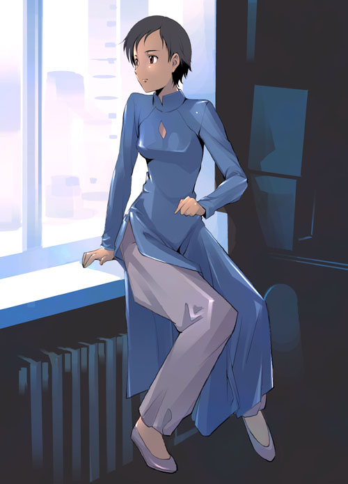itosugi masahiro, otonashi saya, blood+, 00s, 1girl, ao dai, black hair, dress, female focus, red eyes, short hair, solo