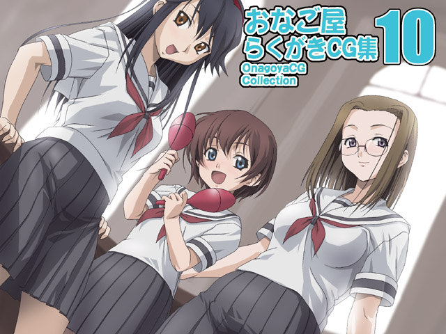 kotobuki hajime, hitotsubashi yurie, saegusa matsuri, shijou mitsue, kamichu!, 00s, 3girls, black hair, brown eyes, brown hair, dutch angle, glasses, grey eyes, indoors, instrument, lineart, long hair, looking at viewer, maracas, monochrome, multiple girls, open mouth, pleated skirt, school uniform, serafuku, short hair, skirt, smile, very long hair
