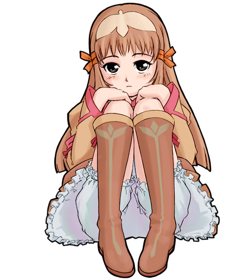 takahashi ren, re mii, zoids, zoids genesis, 00s, 1girl, bloomers, boots, brown boots, brown hair, expressionless, female focus, frills, hair ribbon, hands on own knees, knee boots, long hair, long sleeves, looking at viewer, orange eyes, orange ribbon, ribbon, simple background, sitting, solo, underwear, very long hair, white background, white bloomers