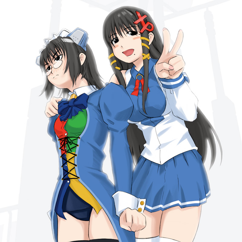 takahashi ren, 2k-tan, ogiue chika, oono kanako, xp-tan, genshiken, os-tan, black legwear, white legwear, 2girls, 2k-tan (cosplay), 2k (cosplay), blue skirt, cosplay, cowboy shot, glasses, mole, mole under eye, multiple girls, skirt, thighhighs, v, xp-tan (cosplay), xp (cosplay)