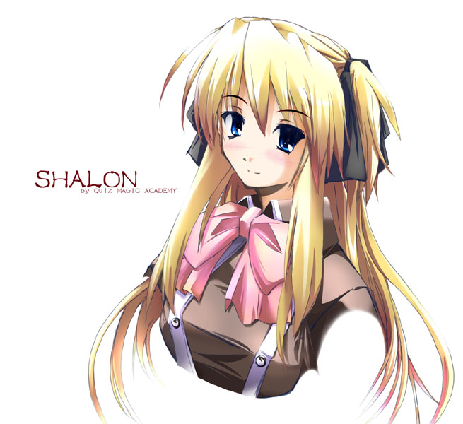 nt50, shalon, quiz magic academy, tagme, blonde hair, blue eyes, simple background, smile, solo, white background