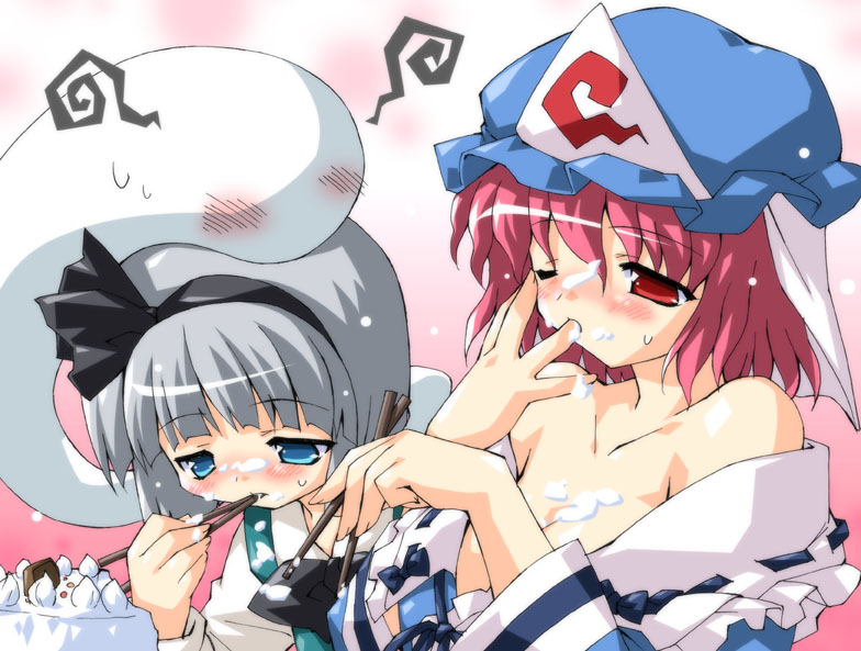 petenshi (dr. vermilion), konpaku youmu, konpaku youmu (ghost), saigyouji yuyuko, touhou, 2girls, blue eyes, cake, female focus, food, hat, hitodama, multiple girls, pastry, red eyes, sexually suggestive, triangular headpiece
