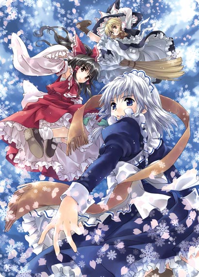 sato-pon, hakurei reimu, izayoi sakuya, kirisame marisa, perfect cherry blossom, touhou, 3girls, black dress, black hair, blonde hair, blue dress, blue eyes, braid, broom, broom riding, cherry blossoms, dress, female focus, flying, frills, hat, maid, maid headdress, multiple girls, petals, ponytail, red dress, scarf, short hair, snow, snowflakes, snowing, white hair, witch hat