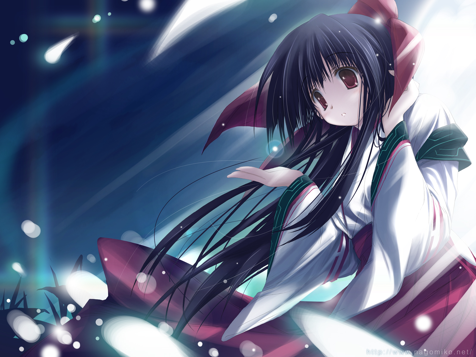 tenmu shinryuusai, highres, 1girl, backlighting, black hair, female focus, japanese clothes, light particles, looking down, miko, open hand, red eyes, solo