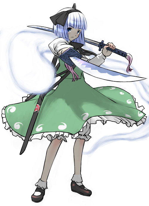 sakamoto mineji, konpaku youmu, konpaku youmu (ghost), touhou, 1girl, bloomers, blue eyes, dress, dual wielding, female focus, green dress, hairband, hitodama, holding, katana, serious, shoes, short hair, simple background, solo, sword, underwear, weapon, white background, white bloomers, white hair