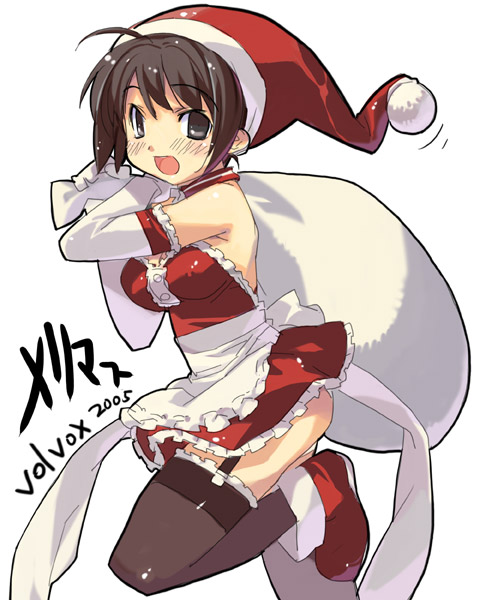 kizaki, kizaki (volvox), volvox, sawatari izumi, kore ga watashi no goshujin-sama, red footwear, translation request, 00s, 1girl, 2005, adapted costume, ahoge, alternate footwear, apron, arm garter, blush, breasts, brown hair, brown thighhighs, carrying over shoulder, christmas, cowboy shot, dated, detached collar, dress, elbow gloves, feet out of frame, female focus, frilled gloves, frilled thighhighs, frills, garter belt, garter straps, gift bag, gloves, hat, holding, holding sack, leg up, looking at viewer, looking to the side, maid, medium breasts, nakabayashi yoshitaka's maid uniform, no bra, open mouth, panties, panty peek, red dress, red hat, sack, santa costume, santa hat, short hair, simple background, solo, thighhighs, underwear, waist apron, walking, white apron, white background, white gloves, white panties, zettai ryouiki