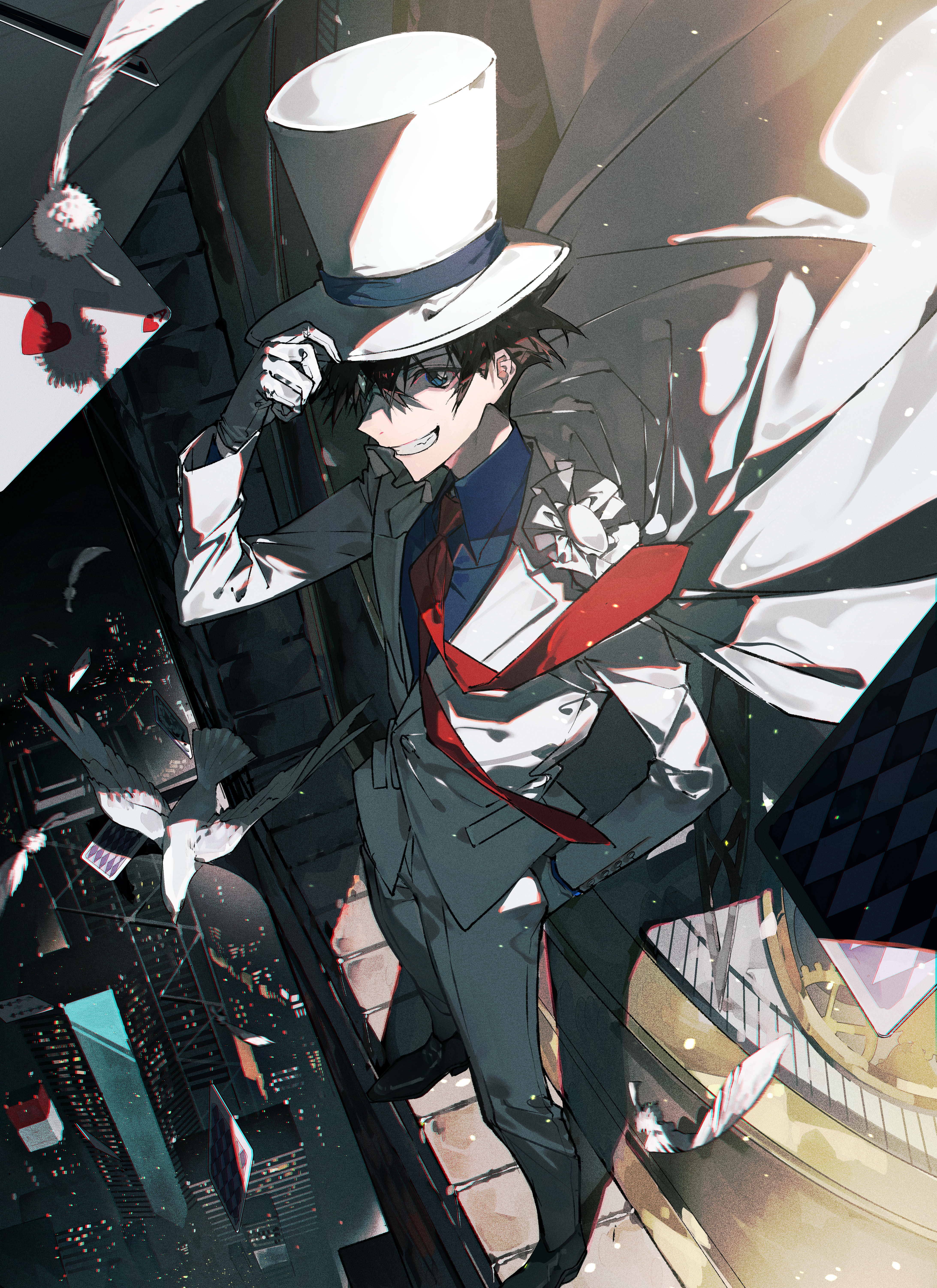 mura karuki, kaitou kid, magic kaito, absurdres, highres, 1boy, bird, black hair, blue eyes, blue shirt, cape, card, city, formal clothes, gloves, grin, hand on headwear, hat, high up, jacket, looking at viewer, male focus, monocle, necktie, night, pants, playing card, red necktie, shirt, short hair, smile, solo, suit, top hat, white bird, white cape, white gloves, white hat, white jacket, white pants, white suit