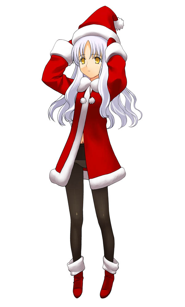 a1 (initial-g), caren hortensia, fate/hollow ataraxia, fate/stay night, fate (series), 00s, 1girl, christmas, female focus, hat, long hair, pantyhose, red hat, santa costume, solo, white hair, yellow eyes