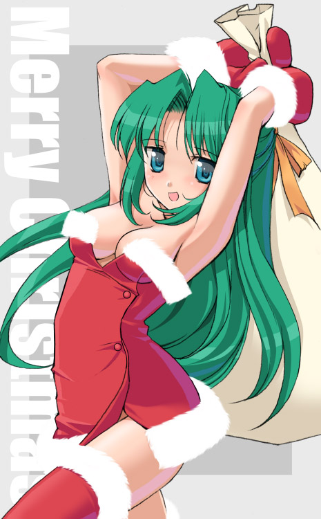 shimamura miwa, sonozaki shion, higurashi no naku koro ni, 00s, 1girl, christmas, female focus, half updo, santa costume, solo, thighhighs