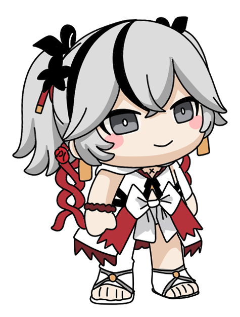 nyaru (nyaru 4126), camellya (wuthering waves), wuthering waves, 1girl, black hair, black ribbon, blush stickers, camellya mascot (meme), chibi, closed mouth, dress, full body, grey eyes, grey hair, hair ribbon, meme, multicolored hair, ribbon, sandals, simple background, smile, solo, standing, streaked hair, two side up, white background, white dress, white sandals