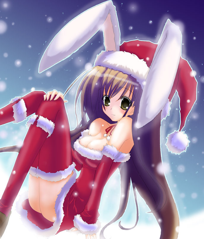 original, 1girl, animal ears, christmas, female focus, hat, rabbit ears, santa costume, santa hat, snow, snowing, solo, thighhighs