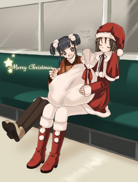 piyodera mucha, original, black legwear, white legwear, 2girls, christmas, hat, multiple girls, pantyhose, santa costume, santa hat, transitstrike