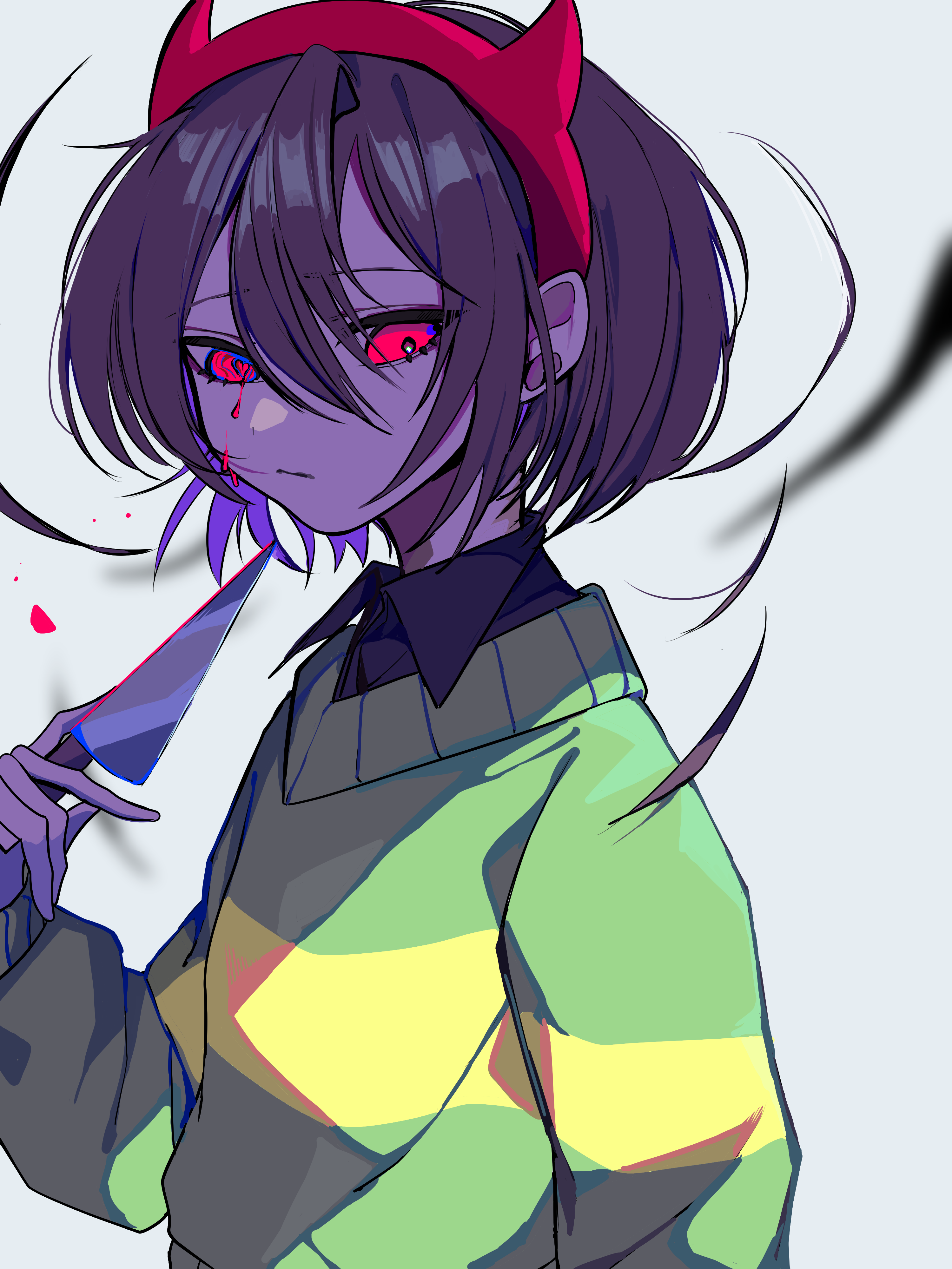 kris (deltarune), deltarune, utdr (toby fox), absurdres, commentary request, highres, 1other, black shirt, blood, bloody tears, brown hair, closed mouth, collared shirt, demon horns, fake horns, green sweater, hair between eyes, holding, holding knife, horn hairband, horns, knife, long sleeves, other focus, raique, red eyes, red horns, shirt, short hair, single horizontal stripe, striped clothes, striped sweater, sweater