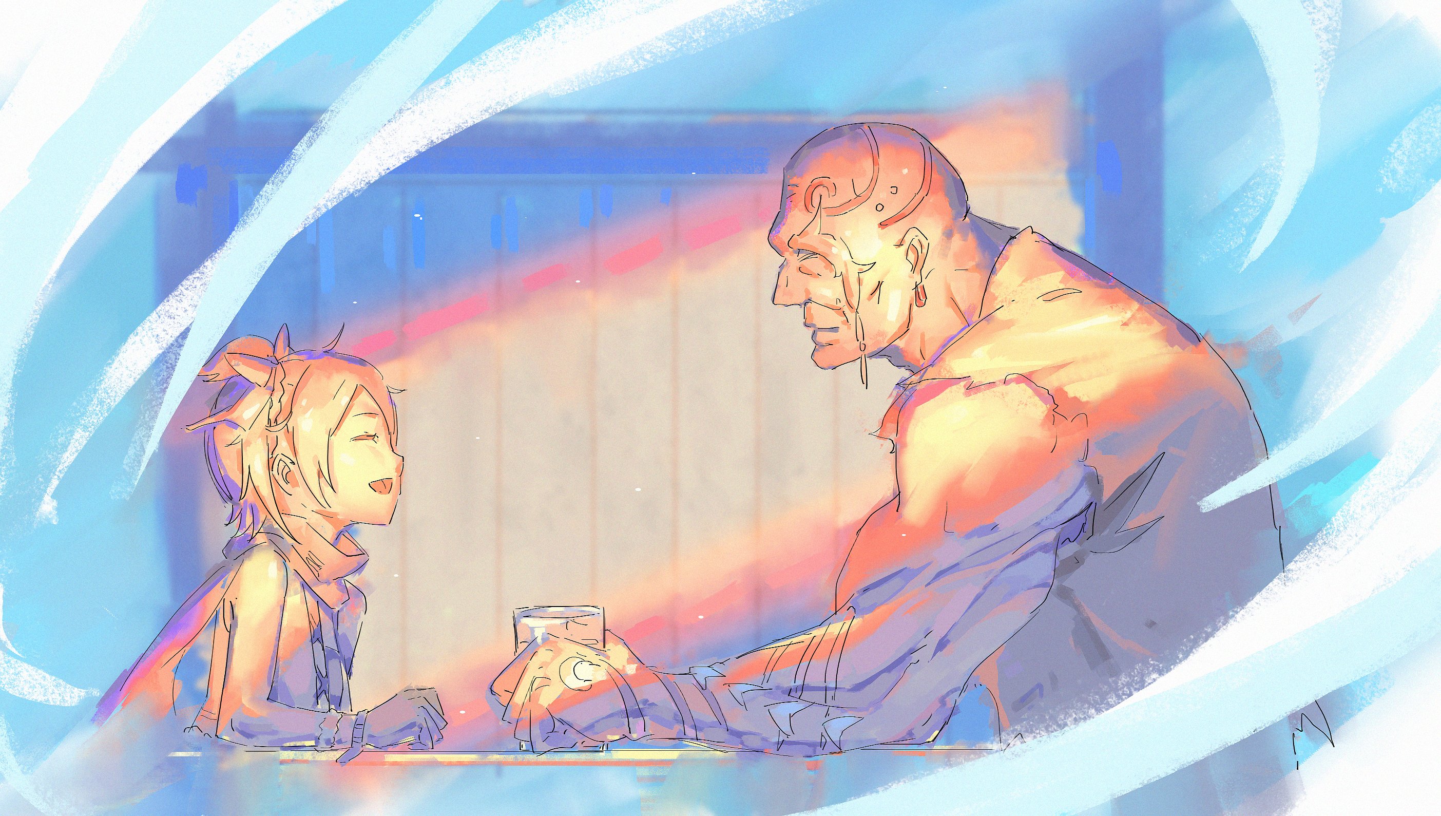 ro ka ro ka, felt (re:zero), rom (re:zero), re:zero kara hajimeru isekai seikatsu, highres, 1boy, 1girl, bald, drink, glass, indoors, light rays, muscular, scarf, short hair, sitting, sketch, smile, table, talking, tavern, warm colored