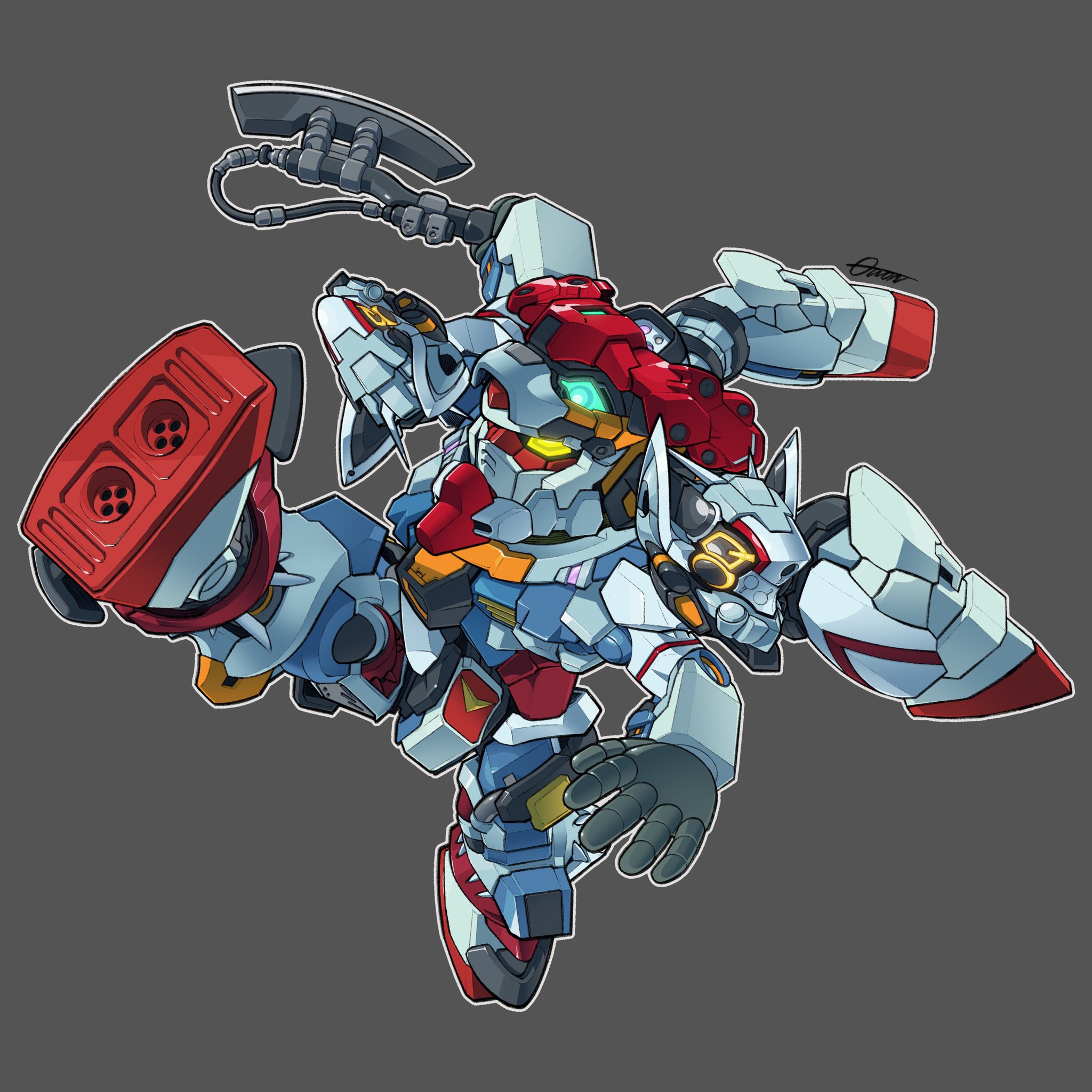 toilobo, gquuuuuux, rx-78-2 gundam, gundam, gundam gquuuuuux, sd gundam, commentary, highres, axe, chibi, fusion, gfred, glowing, glowing eyes, green eyes, grey background, heat hawk, holding, holding axe, holding weapon, kicking, mecha, mecha focus, mobile suit, no humans, outstretched arms, robot, science fiction, signature, simple background, spread arms, weapon, yellow eyes