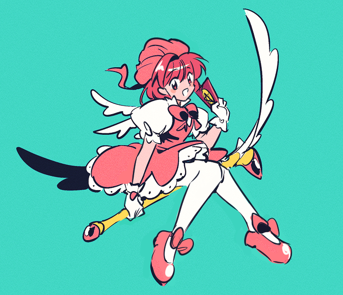 mira ong chua, clow card, kinomoto sakura, cardcaptor sakura, alt text, commentary, symbol-only commentary, 1girl, alternate hair color, card, dress, fuuin no tsue, green background, hat, holding, holding card, open mouth, pink dress, pink eyes, pink hair, pink hat, pink shoes, puffy short sleeves, puffy sleeves, shoes, short sleeves, simple background, sketch, smile, solo, wings