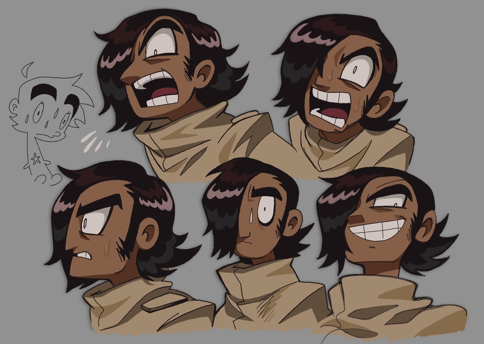 matthew patel, scott pilgrim (series), scott pilgrim takes off, black hair, dark-skinned male, dark skin, emo fashion, grin, hair over one eye, male focus, open mouth, roachgore, short hair, sideburns, simple background, smile, sweat, teeth, thick eyebrows