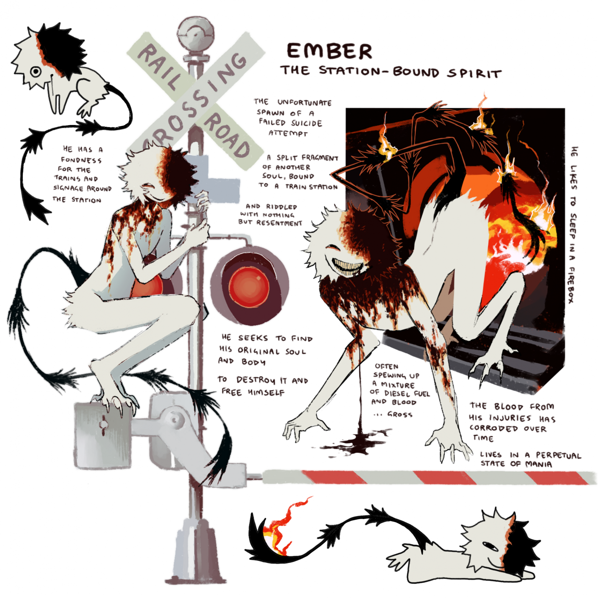 jejejunum, original, highres, 1boy, animal feet, black tail, chibi, chibi inset, demon, drooling, ember (jejejunum), fire, furnace, horror (theme), monster boy, multicolored hair, open mouth, railroad tracks, reference sheet, rust, secret (jejejunum), sign, smile, spirit, split-color hair, squatting, teeth, white fur, white hair