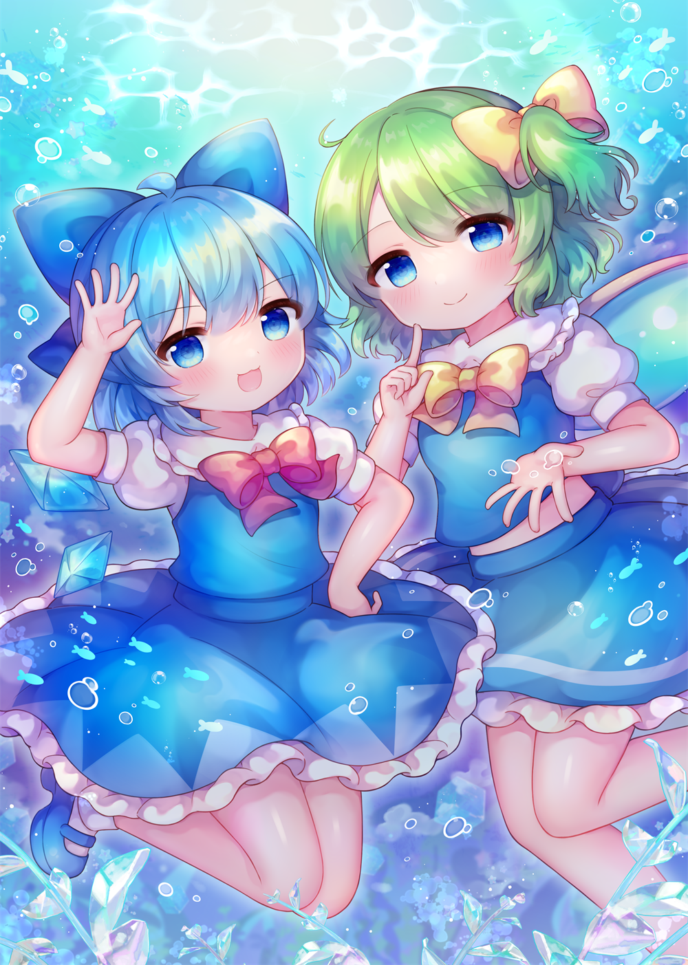 coa (chroo x), cirno, daiyousei, comiket 106, touhou, commentary request, highres, 2girls, :d, air bubble, arm up, blue dress, blue eyes, blue hair, blue shoes, blue skirt, blue vest, blue wings, bow, bubble, day, detached wings, dress, frilled dress, frilled skirt, frills, green hair, hair bow, ice, ice wings, multiple girls, one side up, open mouth, outdoors, puffy short sleeves, puffy sleeves, shirt, shoes, short sleeves, skirt, sleeveless, sleeveless dress, smile, socks, underwater, vest, water, white shirt, white socks, wings, yellow bow
