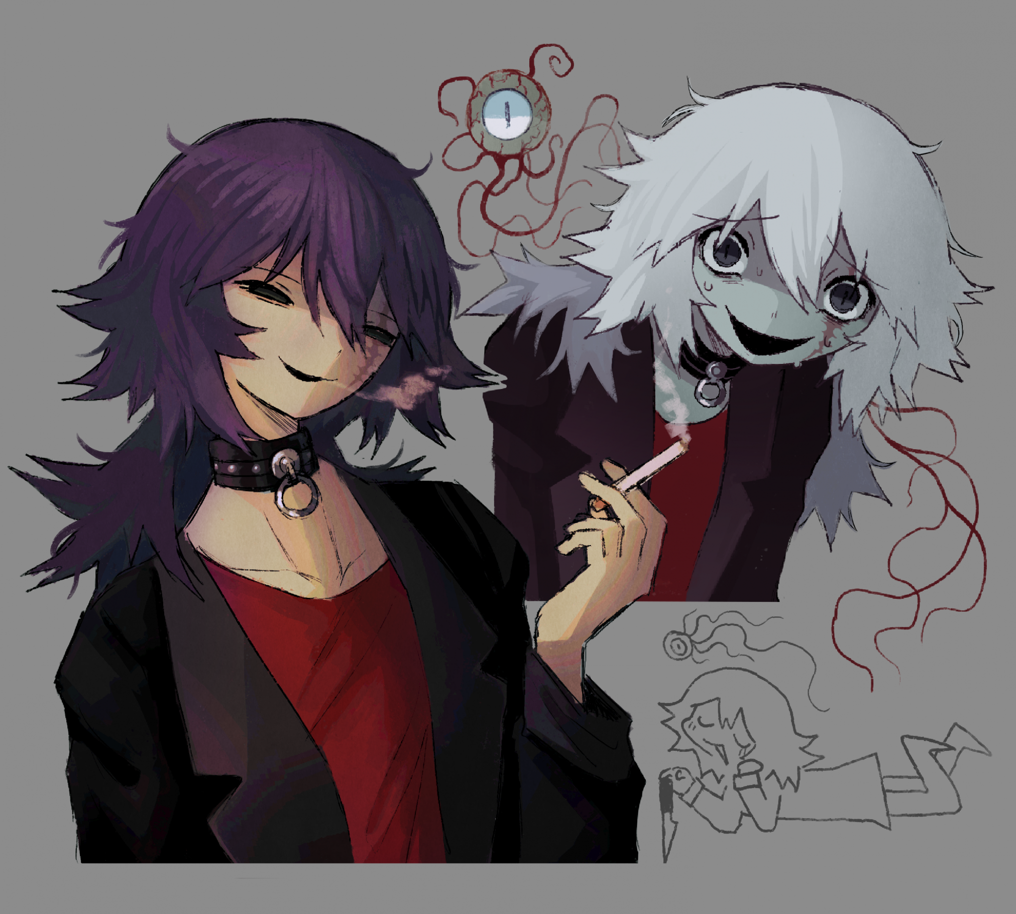 jejejunum, jejenum (jejejunum), original, highres, 1girl, :d, black collar, black jacket, cigarette, collar, colored skin, creature, eyeball, grey background, grey skin, holding, holding cigarette, jacket, looking at viewer, open mouth, ponytail, purple hair, red shirt, shirt, simple background, sketch inset, smile, smoking, upper body, white hair