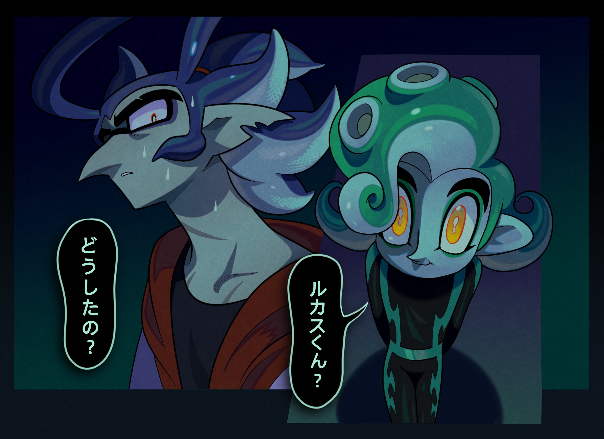nintendo, splatoon (series), highres, blue hair, cephalopod eyes, green hair, inkling, lukas verrallina, octoling, pointy ears, pointy nose, roachgore, smile, speech bubble, suction cups, sweat, tentacle hair