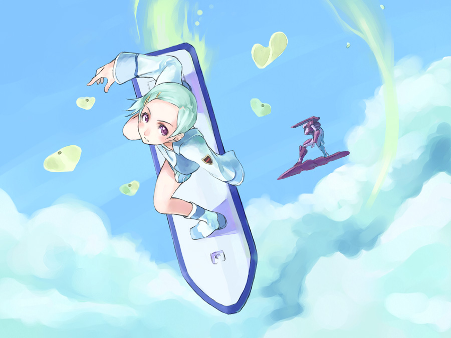 eureka (eureka seven), nirvash, eureka seven, eureka seven (series), 00s, 1girl, aqua hair, boots, cloud, day, dress, female focus, flying, from above, looking up, mecha, outdoors, purple eyes, robot, shadow, short dress, sky, solo, white boots