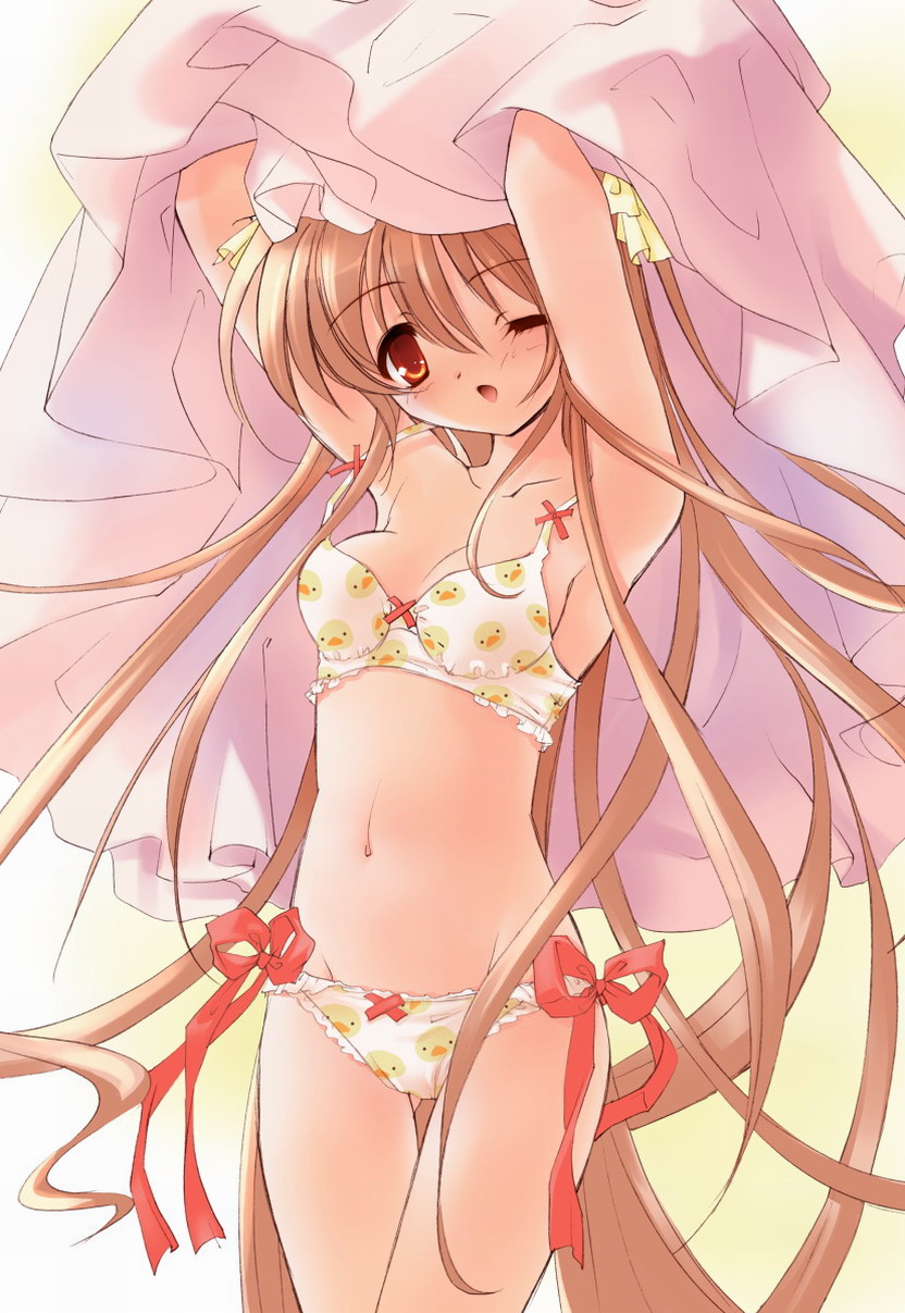 ito noizi, asahina kasumi, original, wasurenagusa, highres, 1girl, ;o, armpits, arms up, bow, bow bra, bow panties, bra, brown hair, cowboy shot, female focus, lingerie, long hair, one eye closed, panties, print bra, print panties, red eyes, solo, underwear, underwear only, undressing, very long hair, white bra, white panties