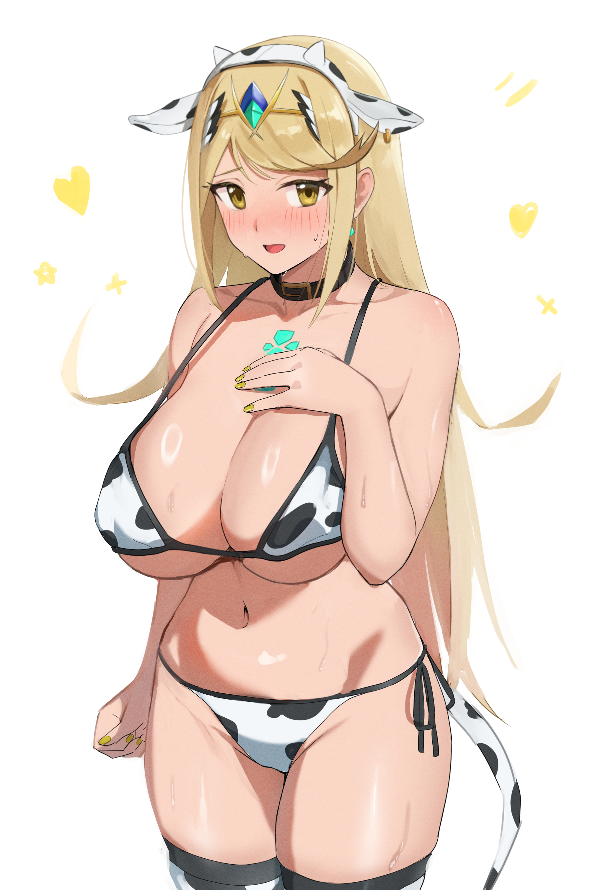 oruru63100814, mythra (xenoblade), xenoblade chronicles (series), xenoblade chronicles 2, absurdres, highres, 1girl, animal ears, animal print, bikini, blonde hair, blush, breasts, cow ears, cow horns, cow print, cow print bikini, cowboy shot, fake animal ears, fake horns, hand on own chest, heart, horns, large breasts, light smile, long hair, navel, open mouth, print bikini, simple background, solo, stomach, swimsuit, white background