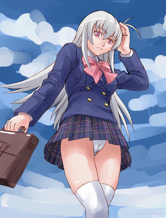 suigintou, rozen maiden, silver hair, 00s, 1girl, alternate costume, bag, blazer, bow, cameltoe, dress shirt, female focus, from below, jacket, looking at viewer, panties, pantyshot, pink bow, plaid clothes, plaid skirt, pleated skirt, purple eyes, school bag, school uniform, shirt, skirt, solo, standing, thighhighs, underwear, upskirt, white panties, white thighhighs