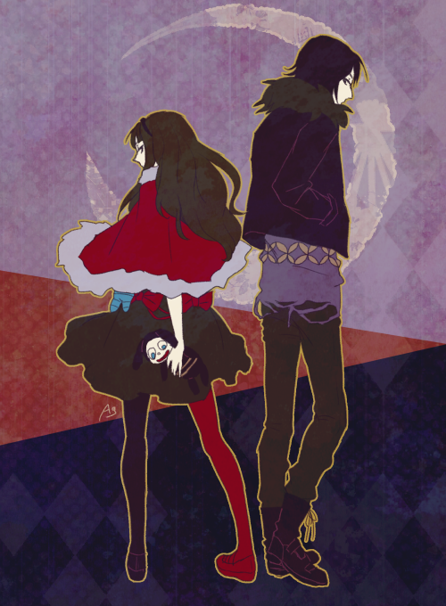 oage (o ag e4), kurenaino aria, occultic;nine, science adventure, 1boy, 1girl, asymmetrical footwear, asymmetrical legwear, black boots, black hair, black hairband, black pantyhose, blunt bangs, boots, bow, brown eyes, brown hair, brown pants, capelet, dress, dress bow, from behind, fur-trimmed capelet, fur trim, hairband, holding, holding stuffed toy, jacket, kusakabe kiryuu, leather, leather jacket, long hair, looking at viewer, looking back, medium hair, mismatched footwear, mismatched legwear, pants, pantyhose, purple shirt, red capelet, red pantyhose, shirt, stuffed animal, stuffed toy