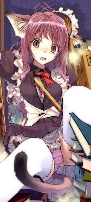 hidari (left side), original, 1girl, animal ears, apron, black dress, blush, book, bow, bra, cat ears, cat tail, clumsy, dress, fallen down, fang, female focus, frilled thighhighs, frills, headdress, lingerie, maid, maid apron, open clothes, open dress, open shirt, panties, pantyshot, petticoat, pink panties, purple eyes, purple hair, purple panties, shirt, sitting, solo, striped clothes, striped panties, sweatdrop, tail, thighhighs, underwear, upskirt, white thighhighs
