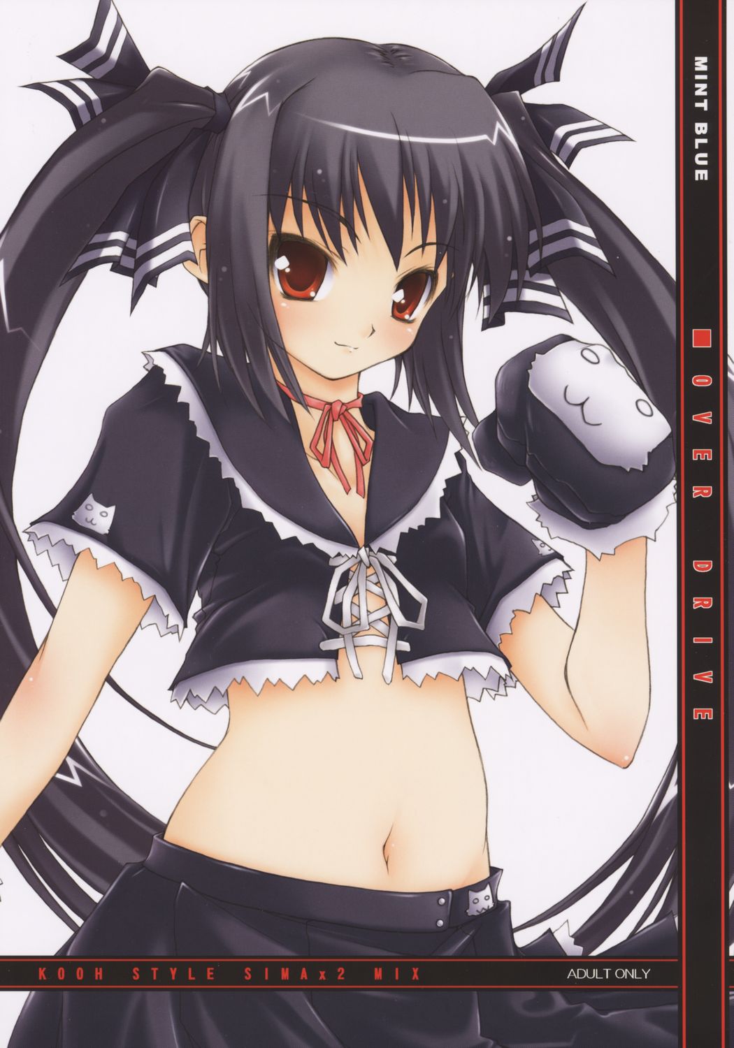 moyuru, kooh (pangya), pangya, highres, 1girl, black hair, boxing gloves, cover, cover page, female focus, flat chest, gloves, hair ribbon, long hair, midriff, navel, red eyes, ribbon, solo, twintails