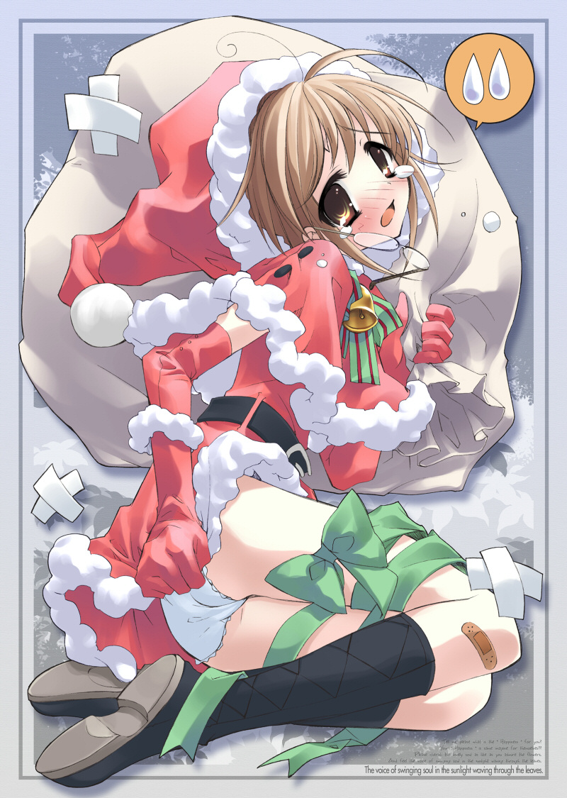 ito noizi, original, 1girl, ass, bandaid, bandaid on knee, bandaid on leg, bell, black socks, blush, bow, bowtie, brown eyes, brown hair, christmas, covering ass, covering privates, dress, dress tug, elbow gloves, english text, engrish text, female focus, glasses, gloves, green ribbon, hat, kneehighs, lying, on side, panties, pantyshot, ranguage, red gloves, ribbon, santa costume, santa hat, shoes, short dress, socks, solo, spoken sweatdrop, sweatdrop, tears, underwear, upskirt, white panties