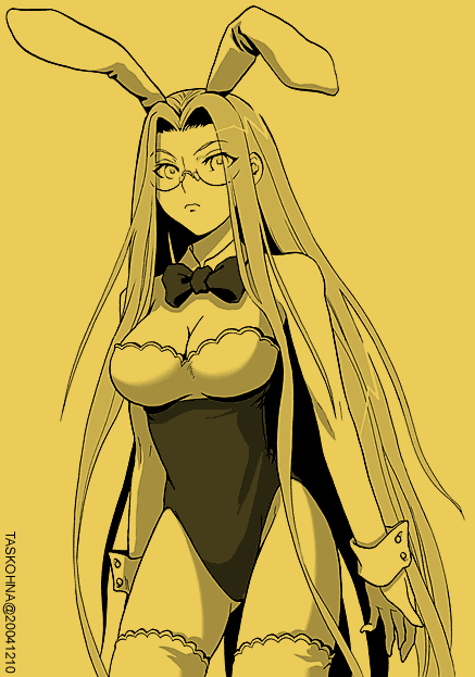task owner, medusa (fate), medusa (rider) (fate), fate/stay night, fate (series), 00s, 1girl, animal ears, bow, bowtie, choker, curvy, fake animal ears, female focus, glasses, leotard, long hair, monochrome, playboy bunny, rabbit ears, solo, square pupils, thighhighs, very long hair, wrist cuffs, yellow theme