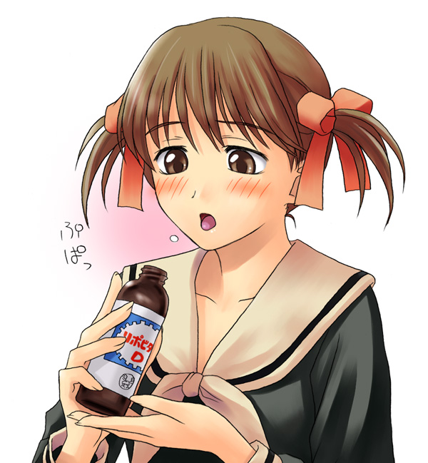 fukuzawa yumi, maria-sama ga miteru, 00s, 1girl, blush, bottle, brown eyes, brown hair, collarbone, female focus, hair ribbon, medicine, open mouth, pill, ribbon, school uniform, serafuku, short hair, simple background, solo, tongue, tongue out, twintails