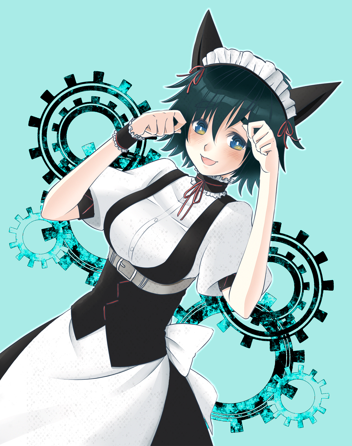 shinogu k, shiina mayuri, science adventure, steins;gate, check clothing, clothing request, highres, 1girl, animal ears, apron, aqua eyes, belt around waist, black hair, blue background, blue eyes, blush, breasts, cat ears, checkered buckle, dutch angle, gears, hair ornament, looking at viewer, maid, maid headdress, mayqueen maid uniform, open mouth, paw pose, ribbon-trimmed corset, ribbon-trimmed hairband, ringed eyes, short hair, single wrist cuff, smile, solo, square pupils, wrist cuffs