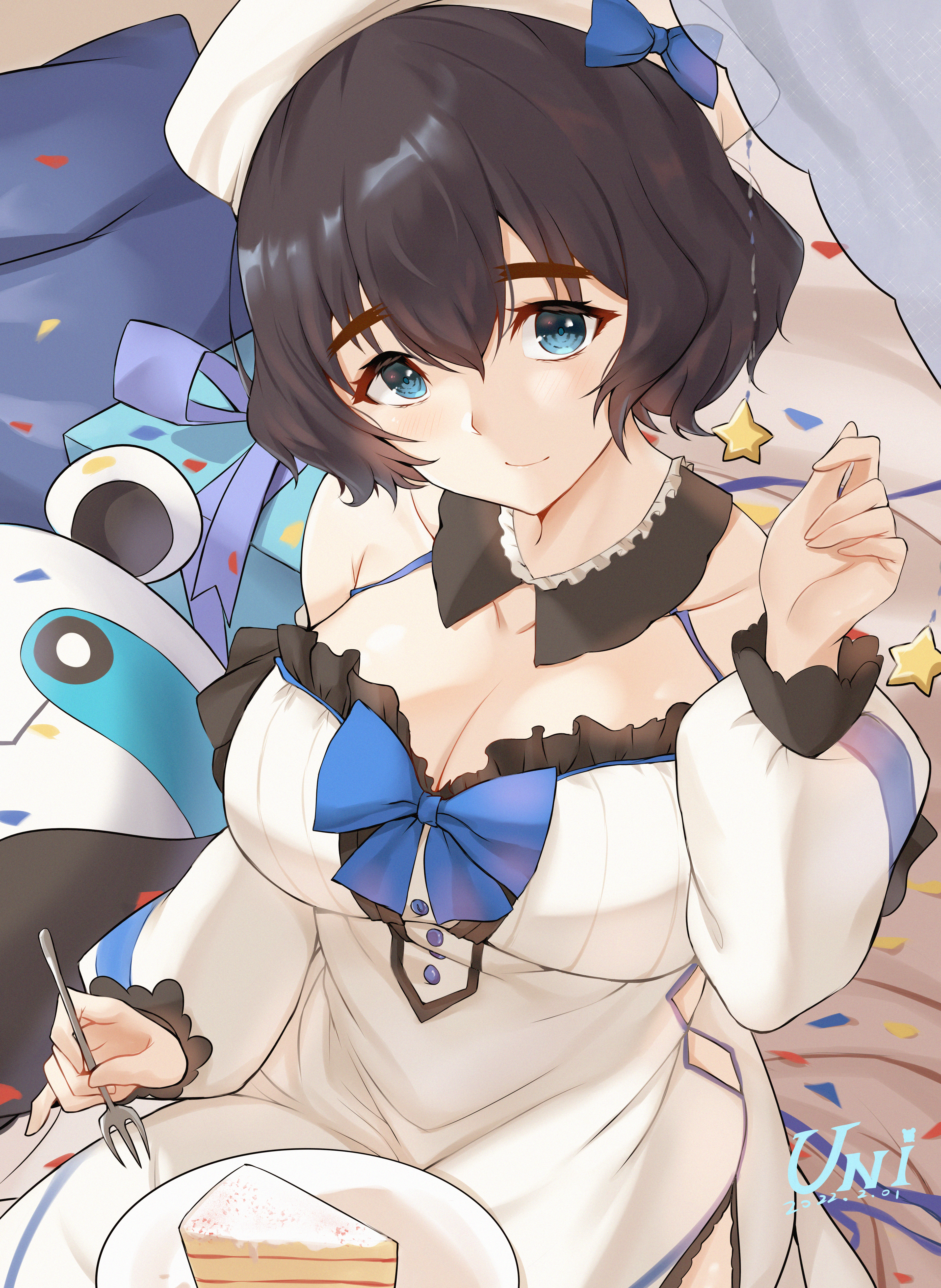 unique (pixiv12704744), shiina mayuri, upa (steins;gate), science adventure, steins;gate, absurdres, highres, tagme, 1girl, bed, birthday, black frills, blue bow, blue eyes, bow, box, breasts, cake, chest bow, cleavage, collarbone, dress, eating, food, fork, from above, gift, gift box, happy birthday, holding, holding fork, large breasts, light blush, looking at viewer, sitting, smile, solo, white dress