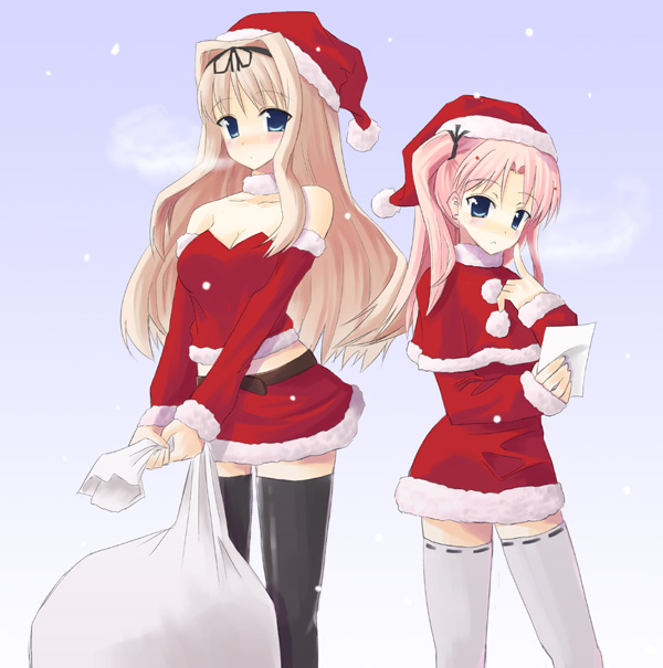 kakifly, kusugawa sasara, maaryan (to heart), to heart (series), to heart 2, 00s, 2girls, blonde hair, capelet, christmas, dress, multiple girls, ribbon-trimmed legwear, ribbon trim, santa costume, strapless, strapless dress, thighhighs