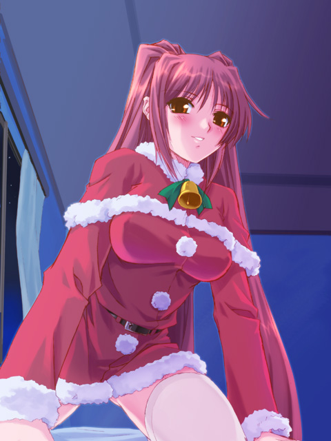 urase shioji, kousaka tamaki, to heart (series), to heart 2, 00s, 1girl, bell, blush, brown eyes, ceiling, christmas, female focus, indoors, long hair, looking at viewer, red hair, santa costume, solo, thighhighs, twintails, white thighhighs, window