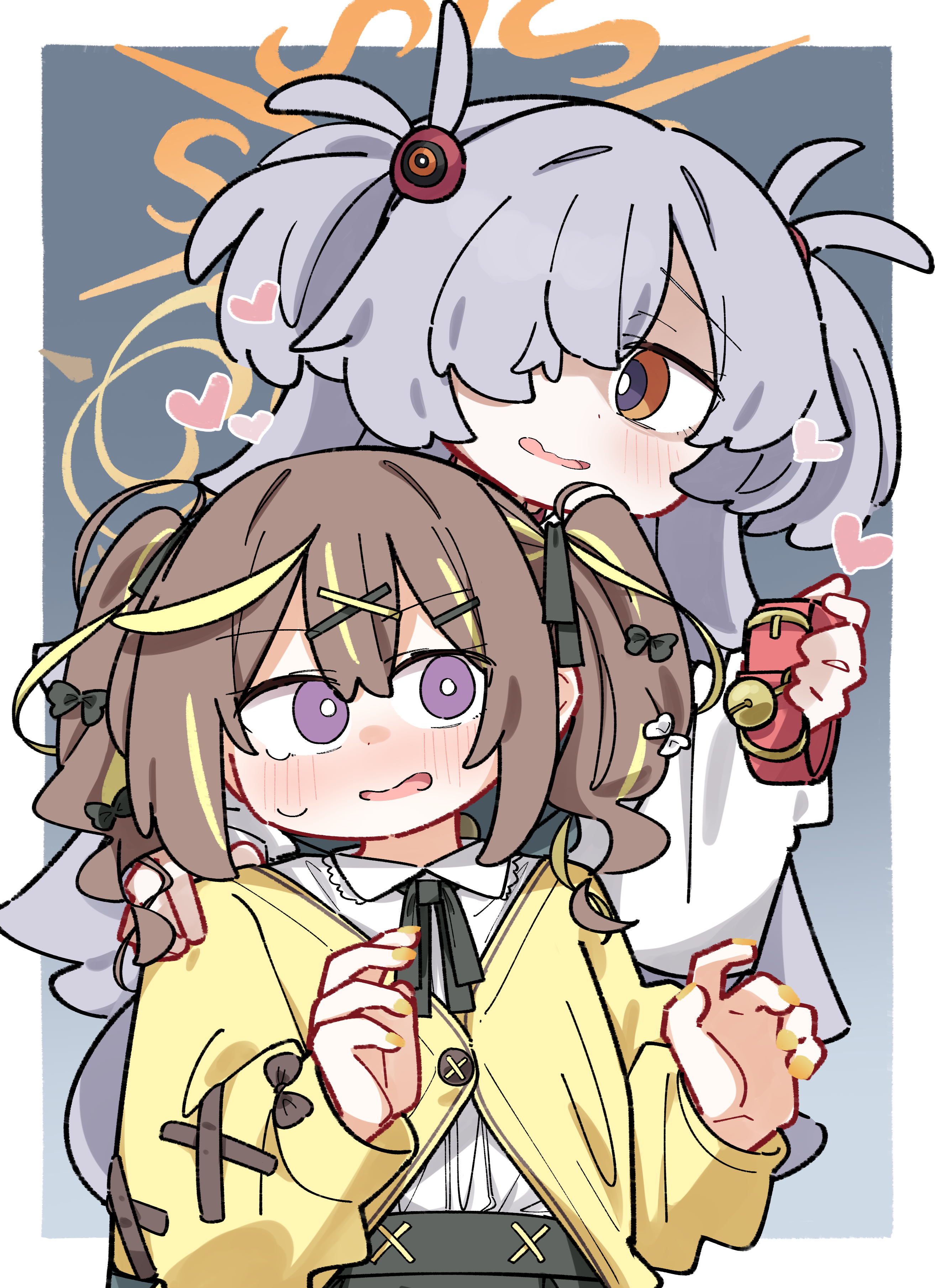 dash b, kanoe (blue archive), rena (blue archive), blue archive, absurdres, commentary request, highres, 2girls, bell, black bow, black ribbon, black skirt, blonde hair, blush, bow, brown eyes, brown hair, brown nails, collar, collared shirt, dress shirt, grey hair, hair between eyes, hair bow, hair ornament, hair over one eye, hairclip, halo, holding, jacket, jingle bell, long hair, long sleeves, multicolored hair, multiple girls, nail polish, neck ribbon, open mouth, pleated skirt, puffy long sleeves, puffy sleeves, purple eyes, red collar, ribbon, shirt, skirt, streaked hair, sweat, two side up, very long hair, white shirt, x hair ornament, yellow jacket