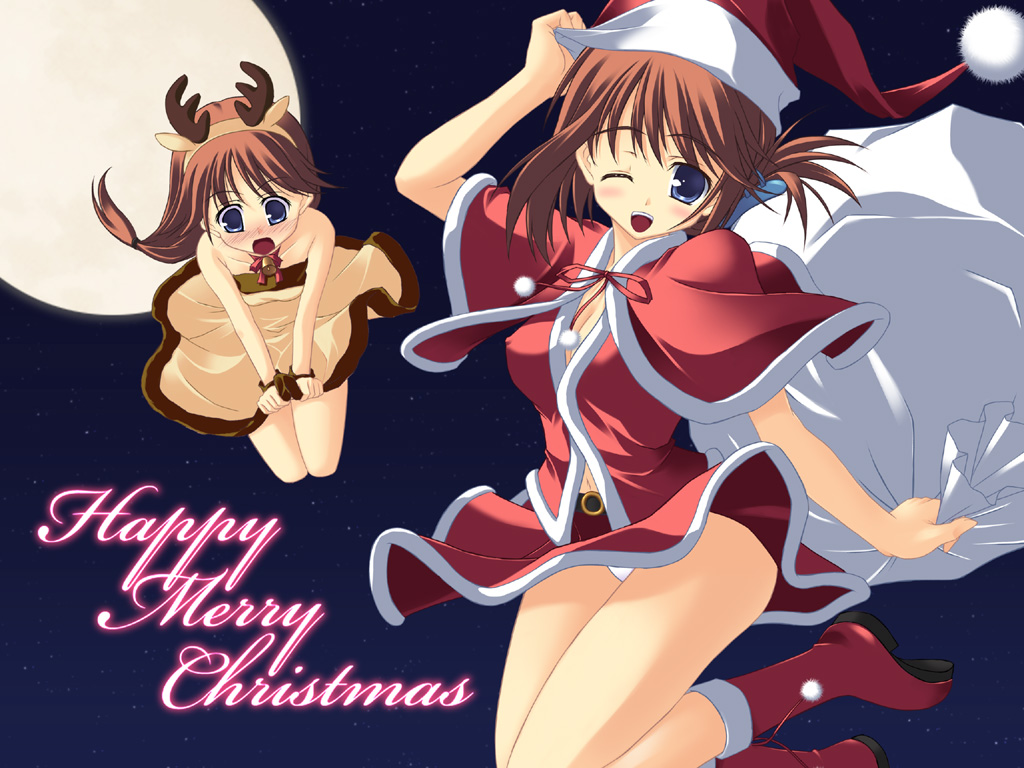 yuki (white garden), komaki ikuno, komaki manaka, to heart (series), to heart 2, 00s, 2girls, :o, animal costume, antlers, bag, bare shoulders, bell, blouse, blue eyes, blush, boots, breasts, brown eyes, cape, capelet, christmas, covered erect nipples, covering crotch, covering privates, dress, dress tug, embarrassed, full moon, hair ornament, hairclip, hat, horns, jumping, long hair, moon, multiple girls, night, one eye closed, open mouth, panties, pantyshot, reindeer costume, sack, santa costume, santa hat, shirt, skirt, small breasts, star (symbol), underwear, white panties, wind, wind lift, wink